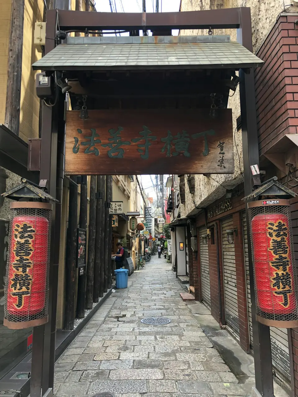 Lantern-lined stone alley of Hozenji Yokocho in Osaka